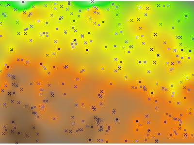 Interpolated Elevation Data via Ordinary Kriging: Hue is interpolated elevation value, saturation is based on the kriging variance.